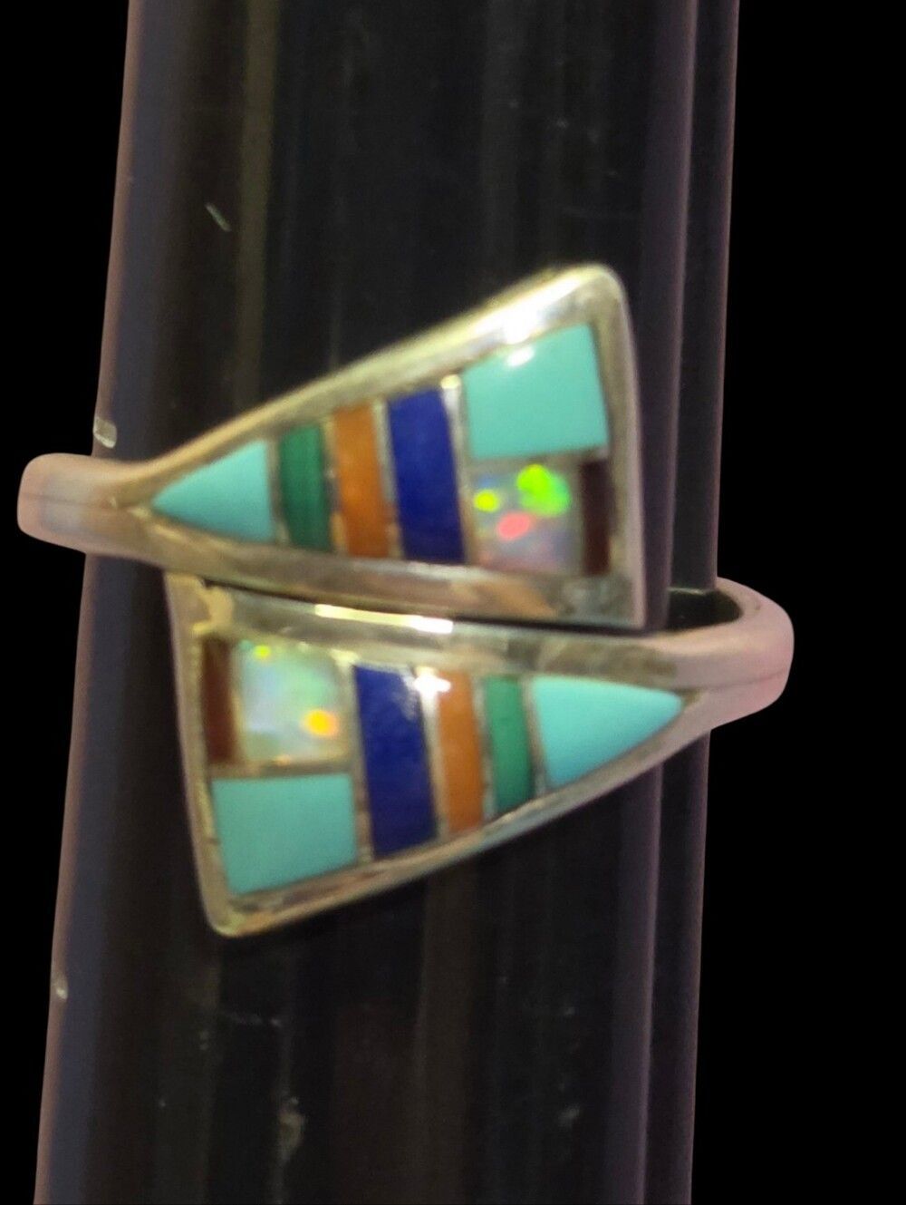 Vintage Native American RR Sterling Silver Turquoise Opal Inlay Wrap Ring